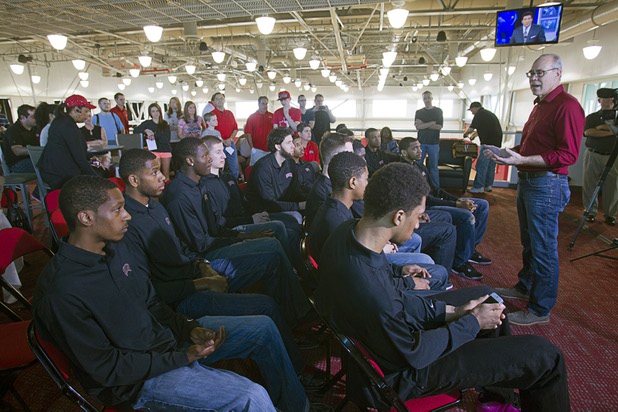 UNLV President Neal Smatresk talks to members of the UNLV men's basketball team before they watching the NCAA Tournament's Selection Show at the Mendenhall Center Sunday, March 17, 2013. UNLV will play Golden Bears in its NCAA tournament opener on Thursday at HP Pavilion in San Jose.