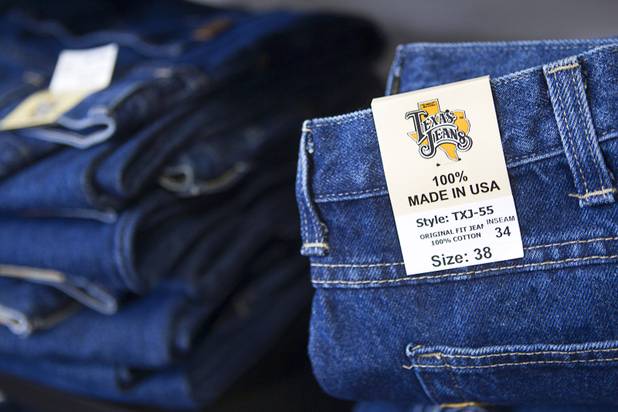 Texas jeans (made in North Carolina) are displayed at USA Boutiques, 9500 S. Eastern Ave., Monday, March 25, 2013. The store sells only made-in-the-USA products.