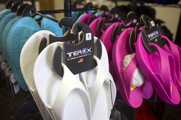 Terox sandals are displayed at USA Boutiques, 9500 S. Eastern Ave., Monday, March 25, 2013. The store sells only made-in-the-USA products.