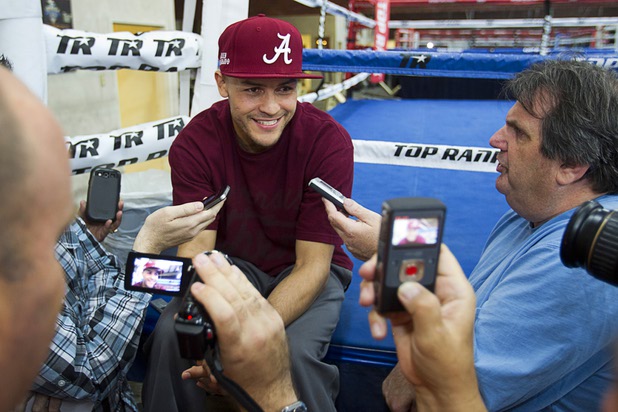Light welterweight boxer Mike Alvarado talks with reporters at Top Rank Gym Wednesday, March 27, 2013. Alvarado will face Brandon Rios for a rematch at the Mandalay Bay Saturday.