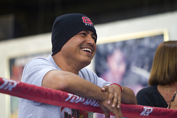 Trainer Robert Garcia watches Brandon Rios shadowbox at Top Rank Gym Wednesday, March 27, 2013. Rios will face Mike Alvarado for a rematch at the Mandalay Bay Saturday.
