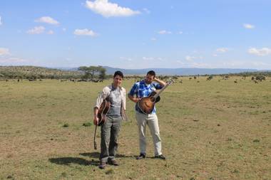 Frankie and Tony Moreno prep for a video in the Ol Kinyei Conservancy wilderness in southeastern Kenya.