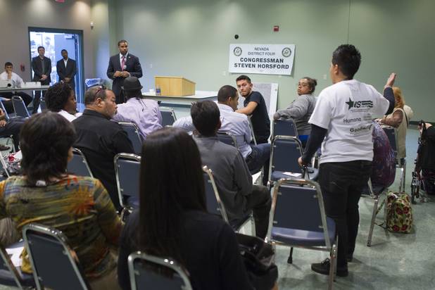 Congressman Steven Horsford (D-NV) listens to a question from Cristina Alfonso-Zea during a town hall meeting at the Cora Coleman Senior Center in Las Vegas Thursday, March 28, 2013. Horsford will have a meet and greet at 7222 W. Grand Teton Ave. on Saturday.