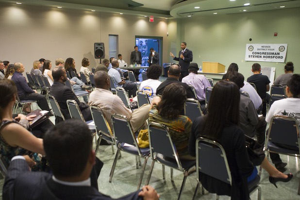 Congressman Steven Horsford (D-NV) responds to a question during a town hall meeting at the Cora Coleman Senior Center in Las Vegas Thursday, March 28, 2013. Horsford will have a meet and greet at 7222 W. Grand Teton Ave. on Saturday.