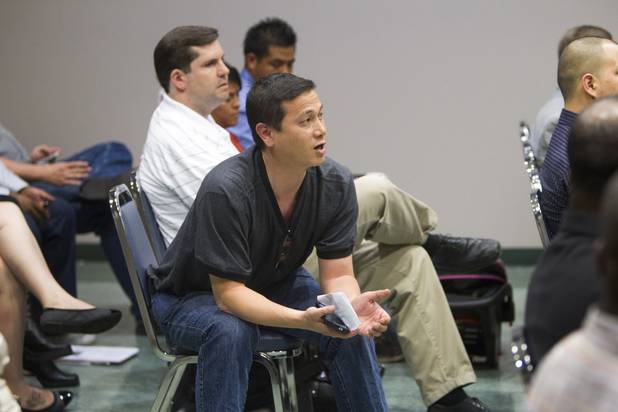 Evan Louie asks a housing question to Congressman Steven Horsford (D-NV) during a town hall meeting at the Cora Coleman Senior Center in Las Vegas Thursday, March 28, 2013. Horsford will have a meet and greet at 7222 W. Grand Teton Ave. on Saturday.