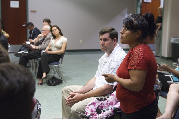 Ivon Meneses asks an immigration question to Congressman Steven Horsford (D-NV) during a town hall meeting at the Cora Coleman Senior Center in Las Vegas Thursday, March 28, 2013. Meneses said her illegal immigrant husband was deported and she is raising their children, all American citizens, by herself. Horsford will have a meet and greet at 7222 W. Grand Teton Ave. on Saturday.