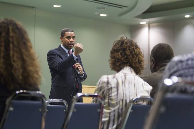 Congressman Steven Horsford (D-NV) responds to a question during a town hall meeting at the Cora Coleman Senior Center in Las Vegas Thursday, March 28, 2013. Horsford will have a meet and greet at 7222 W. Grand Teton Ave. on Saturday.