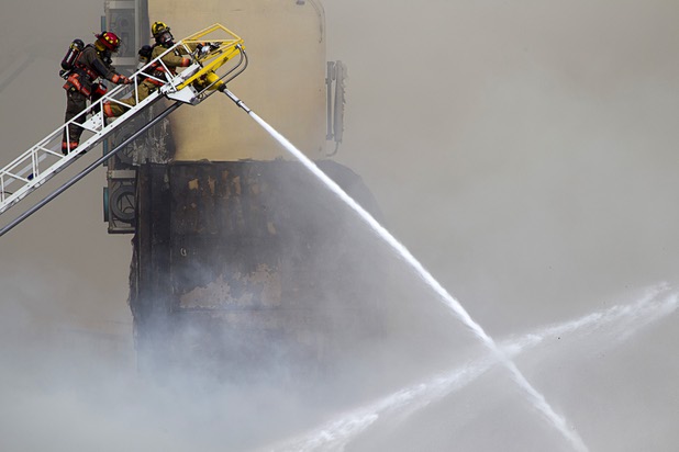 Clark County and City of Las Vegas firefighters battle a four-alarm fire at the old Key Largo Casino on Flamingo Avenue and Paradise Road Thursday, March 28, 2013.