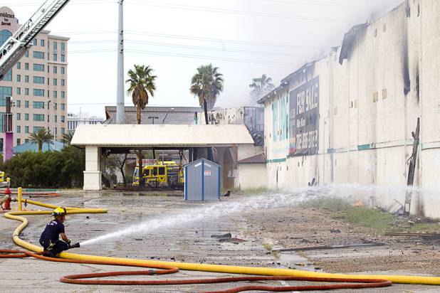Clark County and City of Las Vegas firefighters battle a four-alarm fire at the old Key Largo Casino on Flamingo Avenue and Paradise Road Thursday, March 28, 2013.