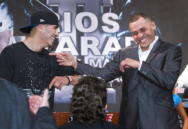 Light welterweight boxers Brandon Rios, left, and Mike Alvarado joke around during a final news conference at the Mandalay Bay Thursday, March 28, 2013. The boxers meet for a rematch at the Mandalay Bay Events Center Saturday.