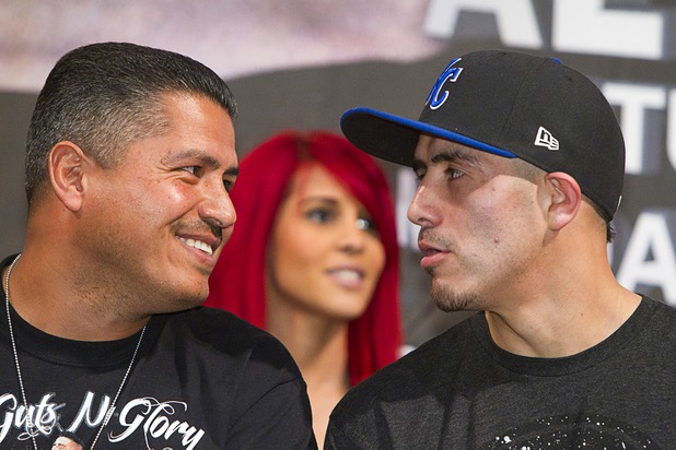 Light welterweight boxers Brandon Rios, right, talks with trainer Robert Garcia during a final news conference at the Mandalay Bay Thursday, March 28, 2013. Rios takes on Mike Alvarado for a rematch at the Mandalay Bay Events Center Saturday.