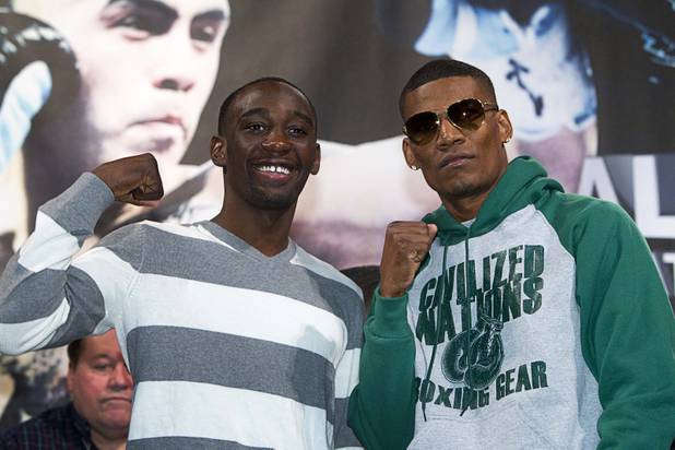 Lightweight boxers Terrence Crawford, left, and Bredis Prescott pose during a final news conference at the Mandalay Bay Thursday, March 28, 2013. The boxers will fight on the Rios-Alvarado undercard at the Mandalay Bay Events Center Saturday.