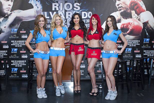 Top Rank and Tecate girls pose during a final news conference for Brandon Rios and Mike Alvarado at the Mandalay Bay Thursday, March 28, 2013.