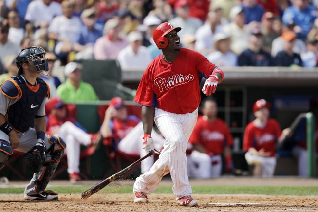 Philadelphia Phillies' Ryan Howard in action during an spring training exhibition baseball game against the Detroit Tigers, Monday, Feb. 25, 2013, in Clearwater, Fla.