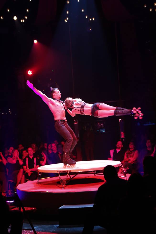 Skaters Sven and Roma perform during the 1,000th performance of "Absinthe" at Caesars Palace on Thursday, March 28, 2013.
