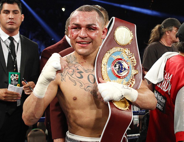 Mike Alvarado celebrates his victory over Brandon Rios following a super lightweight bout for an interim 140lb. WBO title at the Mandalay Bay Events Center Saturday, March 30, 2013. The fight was a rematch to a Oct. 13, 2012 fight  which Rios won.