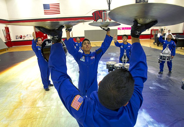 Vegas Vanguard, a competitive percussion ensemble, practices at UNLV Sunday, March 31, 2013. Cymbalists are Abdulla Saif, center, and Francisco Servin. The group will be competing in the WGI Percussion World Championships in Dayton, Ohio on April 18th.