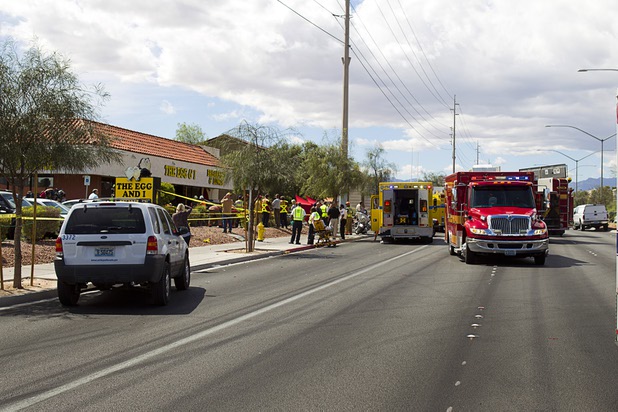 The eastbound lanes are closed on Sahara Avenue as firefighters rescue diners at the Egg and I restaurant on  Monday April 1, 2013. As many as 10 people were injured when a Lexus sedan left the roadway and crashed into the restaurant.