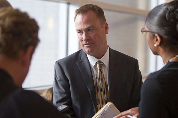 Attorney Sean Sullivan speaks to reporters after representing Gage James Lindsey, 18, at the Regional Justice Center Thursday, April 4, 2013. Lindsey is facing charges related to the Monday accident at the Egg & I restaurant that injured 10 people.