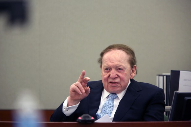 Sands Chairman and CEO Sheldon Adelson testifies on the witness stand at the Regional Justice Center Thursday, April 4, 2013.