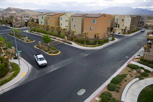 A view of a neighborhood with three-story homes in Las Vegas, April 4, 2013. 