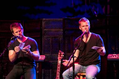 Country songwriters Aaron Benward and Brian McComas read through crowd-suggested song titles at Rocks Lounge at Red Rock Resort Friday, April 5, 2013.