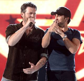 Blake Shelton and Luke Bryan rehearse for the 48th Annual Academy of Country Music Awards at MGM Grand Garden Arena on Friday, April 5, 2013.