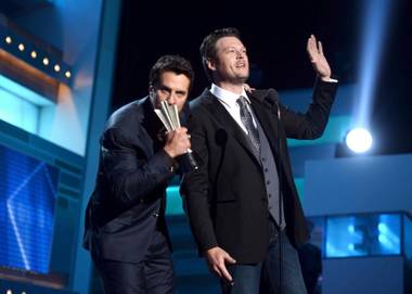 Co-hosts Luke Bryan and Blake Shelton at the 2013 Academy of Country Music Awards at MGM Grand Garden Arena on Sunday, April 7, 2013.