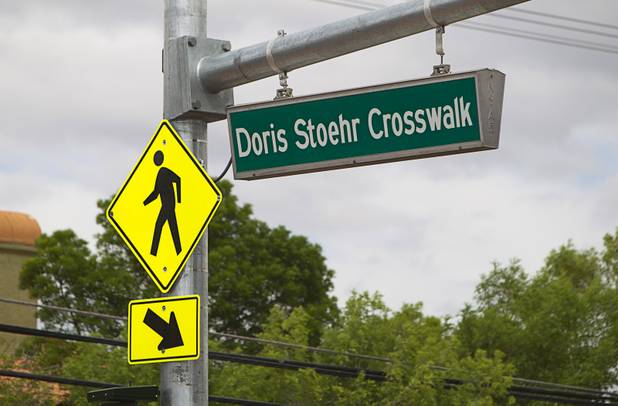 A sign hangs over a new crosswalk on North Decatur Boulevard between Vegas Drive and Lake Mead Boulevard Monday, April 8, 2013. The crosswalk is dedicated to Doris Stoehr, a resident of Las Vegas Manor senior complex, who was killed crossing the boulevard in February.