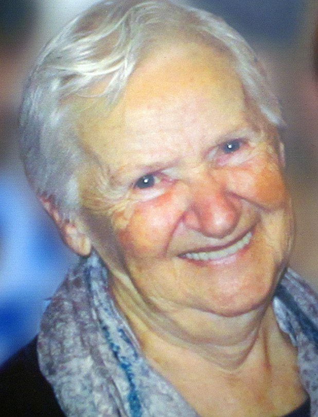 A photo of Doris Stoehr is displayed during a crosswalk dedication ceremony at the Las Vegas Manor apartments on North Decatur Boulevard Monday, April 8, 2013. The crosswalk is dedicated to Stoehr, a resident of senior complex, who was killed crossing the boulevard in February.