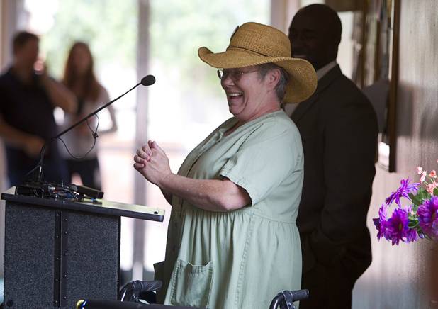 Sunny Ferrari, a resident of the Las Vegas Manor, speaks during a crosswalk dedication ceremony at the senior complex on North Decatur Boulevard Monday, April 8, 2013. The crosswalk is dedicated to Doris Stoehr, a resident of complex, who was killed crossing the boulevard in February.