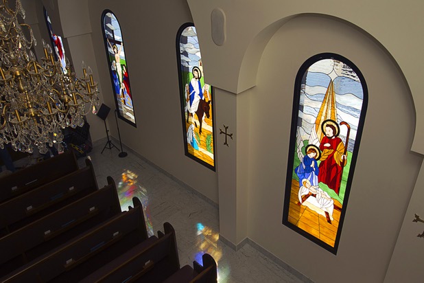 Stained glass windows by artist Yamile Gaez are shown at St. Garabed Armenian Apostolic Church of Las Vegas on East Desert Inn Road Tuesday, April 9, 2013. The windows show the birth of Christ, his entrance to Jerusalem, the Crucifixion, and the Resurrection.
