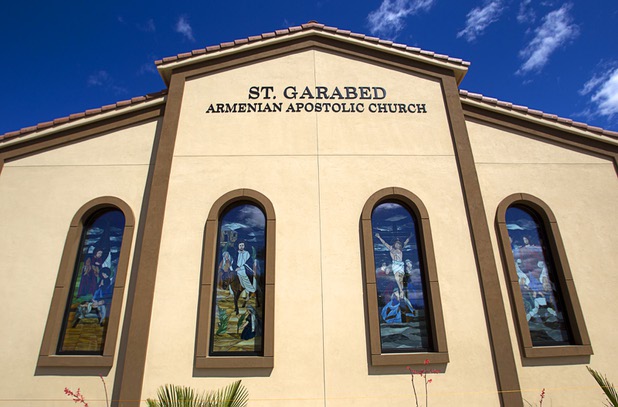 An exterior view of St. Garabed Armenian Apostolic Church of Las Vegas on East Desert Inn Road, Tuesday, April 9, 2013. The stained glass windows by artist Yamile Gaez show the birth of Christ, his entrance to Jerusalem, the Crucifixion, and the Resurrection.