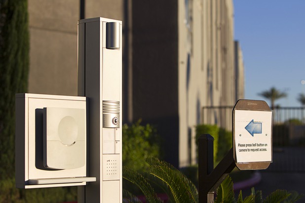 A Mobotix camera is shown at delivery gate during a hi-tech security tour of the Panorama Towers Wednesday, April 10, 2013. The tour was held in conjunction with the International Security Conference & Exposition (ISC West)  taking place at the Sands Expo Center.