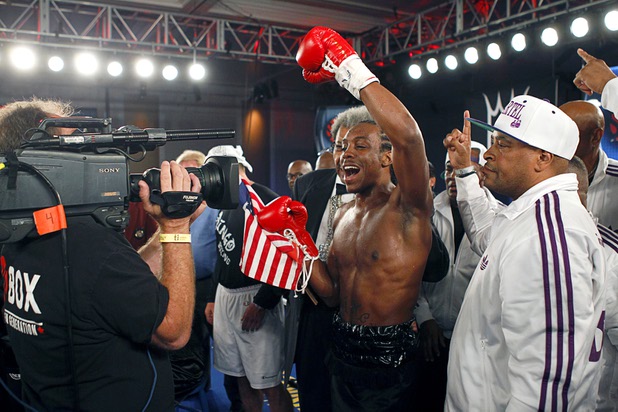 Amir "Little Master" Imam of Albany, N.Y. celebrates after defeating Jeremy "Hollywood" Bryan of Paterson, N.J. in a super lightweight attraction at the Treasure Island Friday, April 12, 2013. Imam knocked out Bray in the second round.
