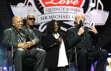 Quincy Jones, Stevie Wonder, Whoopi Goldberg and Sir Michael Caine at the 2013 Keep Memory Alive “Power of Love” Gala celebrating the joint 80th birthdays of Caine and Jones at MGM Grand Garden Arena on Saturday, April 13, 2013.