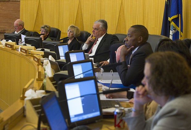 Clark County Commissioners listen to Sheriff Doug Gillespie as he speaks on the Metro Police budget during a county commission meeting at the Clark County Government Center Tuesday, April 16, 2013.