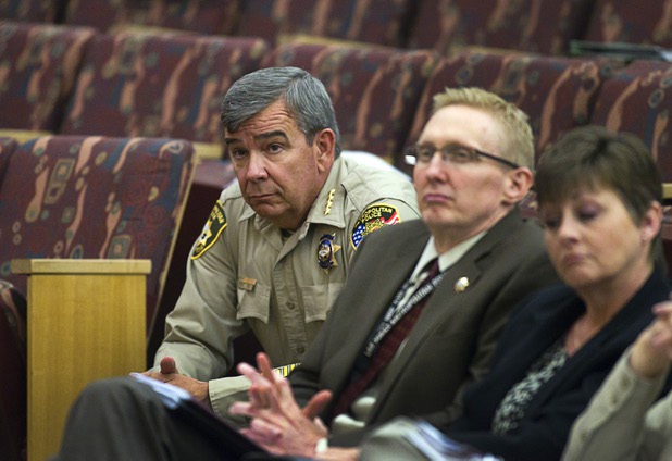 Sheriff Doug Gillespie waits to speak on the Metro Police budget during a county commission meeting at the Clark County Government Center Tuesday, April 16, 2013.