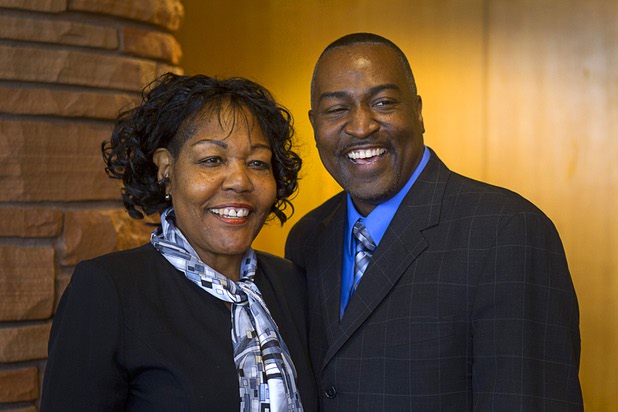 Tyrone Thompson poses for a photo with his aunt Beatrice Soares after he was appointed to replace expelled Nevada Assemblyman Steven Brooks during a county commission meeting at the Clark County Government Center Tuesday, April 16, 2013.