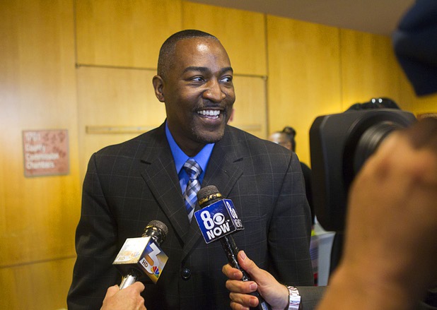 Tyrone Thompson meets with reporters after he was appointed to replace expelled Nevada Assemblyman Steven Brooks during a county commission meeting at the Clark County Government Center Tuesday, April 16, 2013.