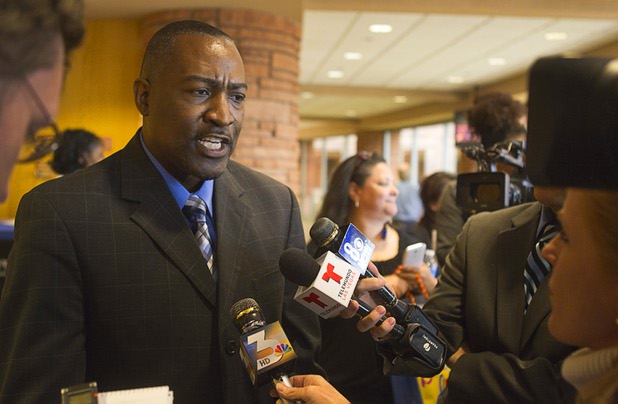 Tyrone Thompson responds to questions from reporters after he was appointed to replace expelled Nevada Assemblyman Steven Brooks during a county commission meeting at the Clark County Government Center Tuesday, April 16, 2013.