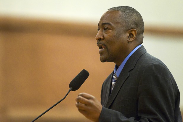 Tyrone Thompson speaks to commissioners before an appointment vote during a county commission meeting at the Clark County Government Center Tuesday, April 16, 2013. Thompson got the appointment to replace expelled Nevada Assemblyman Steven Brooks.
