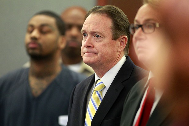 Deputy Special Public Defender David Schieck, defense attorney for Ammar Harris, the suspect the Feb. 21 Las Vegas Strip shooting and car crash that killed three people,listens to Justice of the Peace Deborah Lippis in court at the Regional Justice Center Wednesday, April  17, 2013.