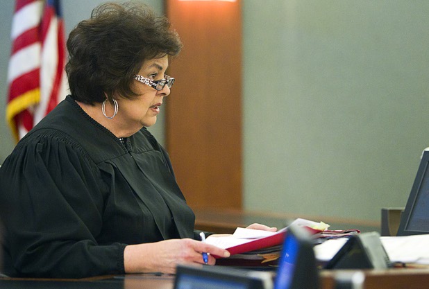 Justice of the Peace Deborah Lippis presides over a hearing for Ammar Harris, the suspect the Feb. 21 Las Vegas Strip shooting and car crash that killed three people, appears in court at the Regional Justice Center Wednesday, April  17, 2013.