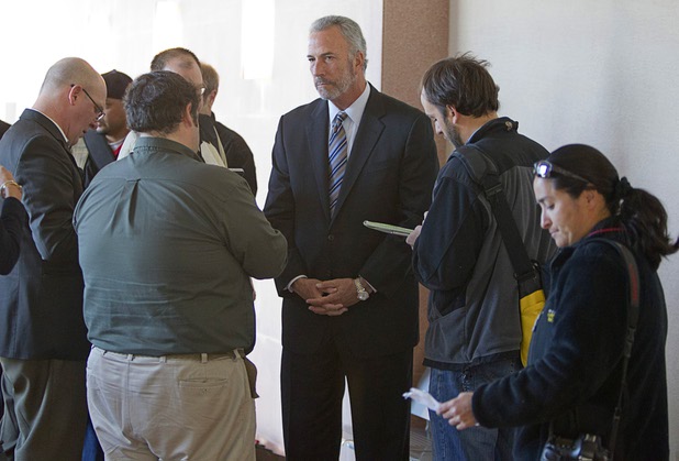 Clark County District Attorney Steve Wolfson listens to a question from a reporter following a hearing for Ammar Harris, the suspect the Feb. 21 Las Vegas Strip shooting and car crash that killed three people, at the Regional Justice Center Wednesday, April  17, 2013.