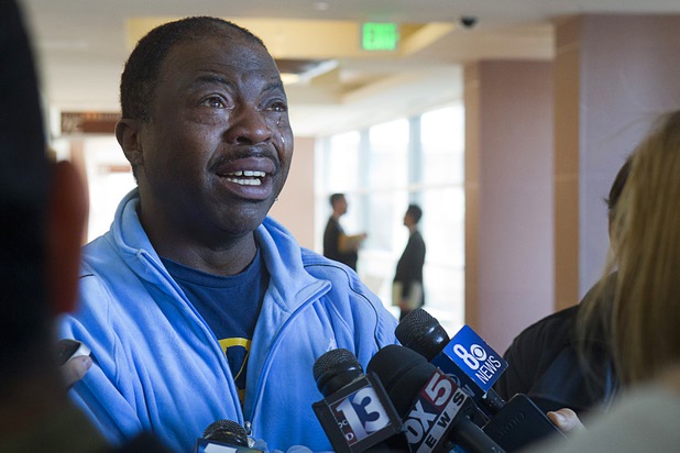 Tehran Boldon, brother of taxi driver Michael Boldon, gets emotional as speaks to reporters following a hearing for Ammar Harris, the suspect the Feb. 21 Las Vegas Strip shooting and car crash that killed three people, at the Regional Justice Center Wednesday, April  17, 2013. Michael Boldon was one of the people killed in the crash.