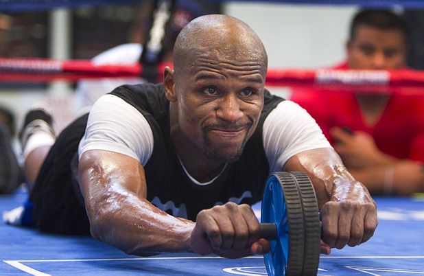 Undefeated welterweight boxer Floyd Mayweather Jr. works out at the Mayweather Boxing Club Wednesday, April 17, 2013. Mayweather will defend his WBC welterweight title against Robert Guerrero at the MGM Grand Garden Arena on May 4.