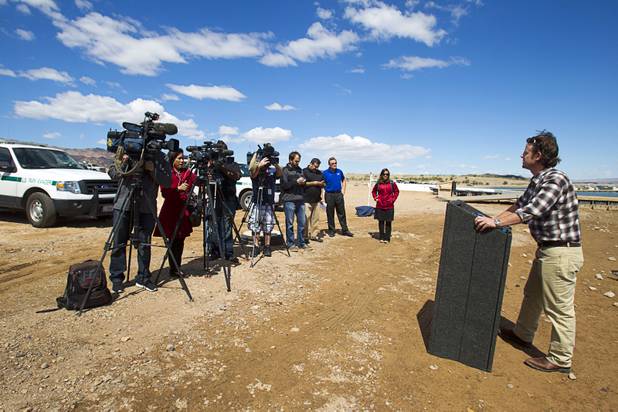 Matt Rice, Colorado director of American Rivers speaks during a news conference at Lake Mead Wednesday, April 17, 2013. American Rivers, Nuestro Rio, Protect the Flows, and the National Young Farmers Coalition held the news conference to announce the Colorado River as America's #1 Most Endangered  River of 2013.