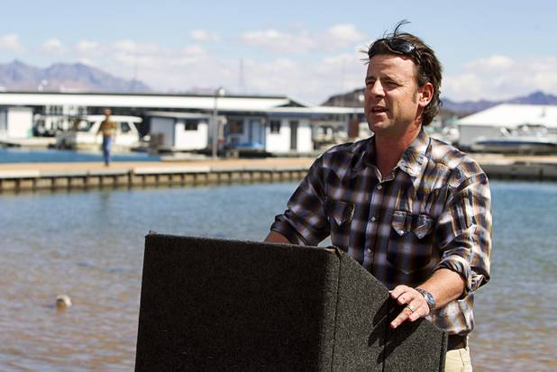 Matt Rice, Colorado director of American Rivers speaks during a news conference at Lake Mead Wednesday, April 17, 2013. American Rivers, Nuestro Rio, Protect the Flows, and the National Young Farmers Coalition held the news conference to announce the Colorado River as America's #1 Most Endangered  River of 2013.