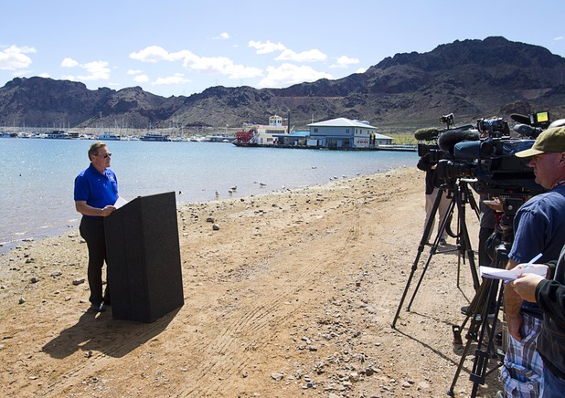 Bob Gripentog, president of Las Vegas Boat harbor, speaks during a news conference at Lake Mead Wednesday, April 17, 2013. American Rivers, Nuestro Rio, Protect the Flows, and the National Young Farmers Coalition held the news conference to announce the Colorado River as America's #1 Most Endangered  River of 2013.